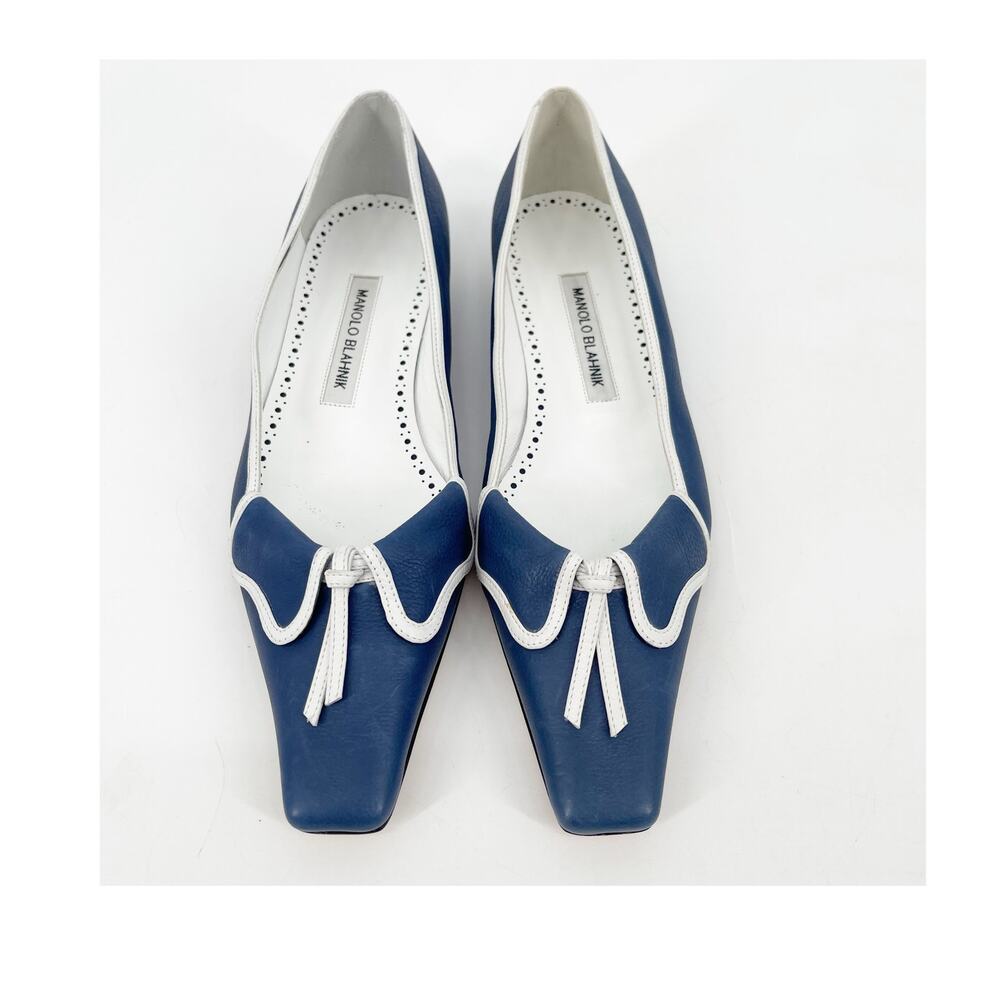 Manolo Blahnik Blue White Trim Bow Shirt Collar Square Toe Ballet Flats IT 37